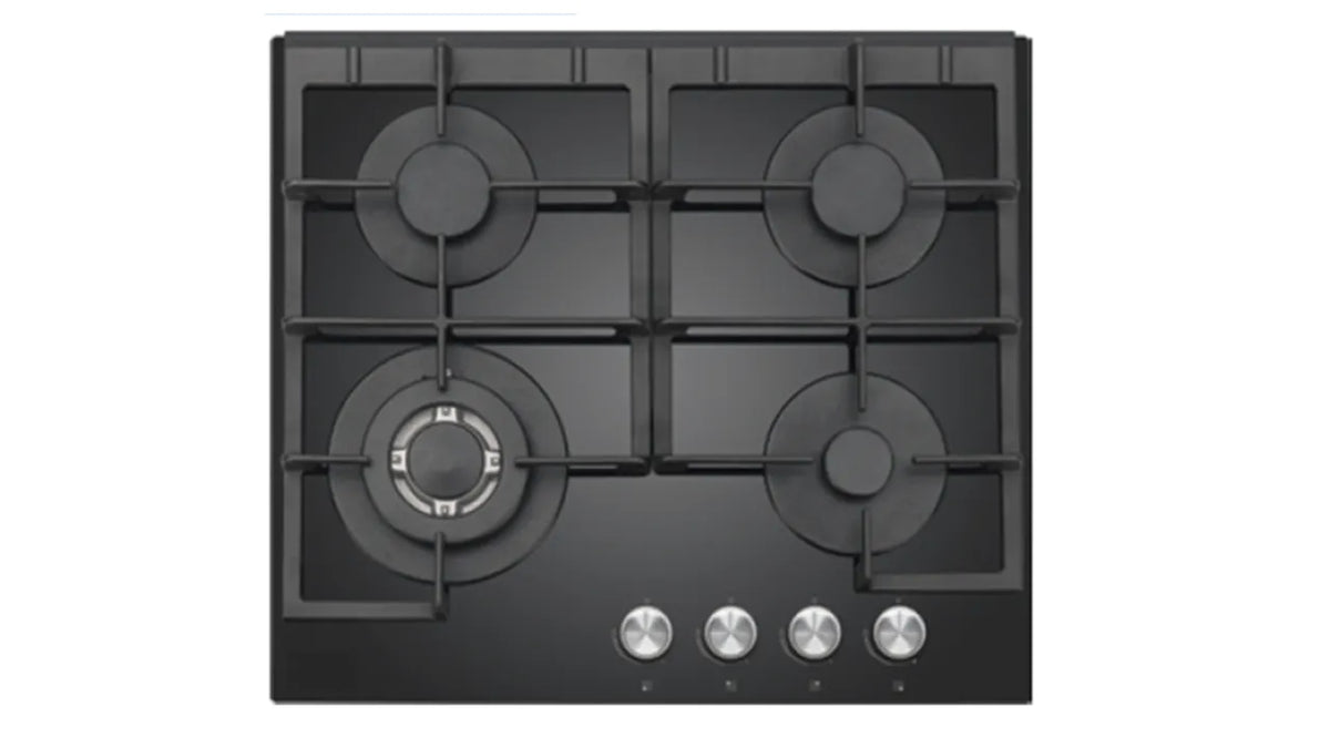 4 Burner Gas Hob – Black Glass – Cast Iron Pan Supports