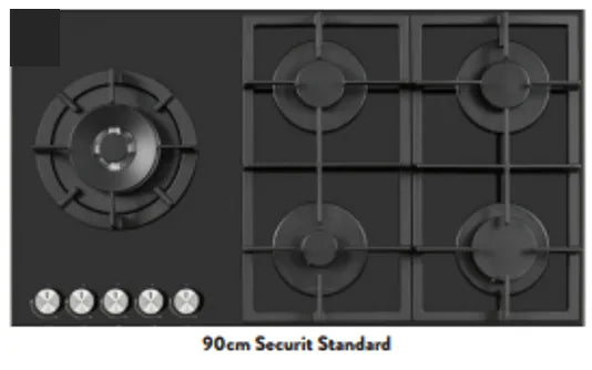 90cm Gas Hob – 5 Burners – Black Glass – Cast Iron Grids