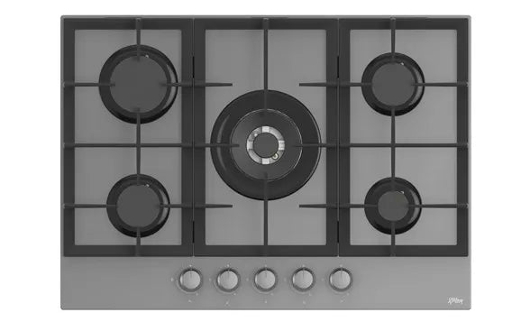 70cm Gas Hob 5 Burners – Grey Glass – Cast Iron Pan Support – Class C