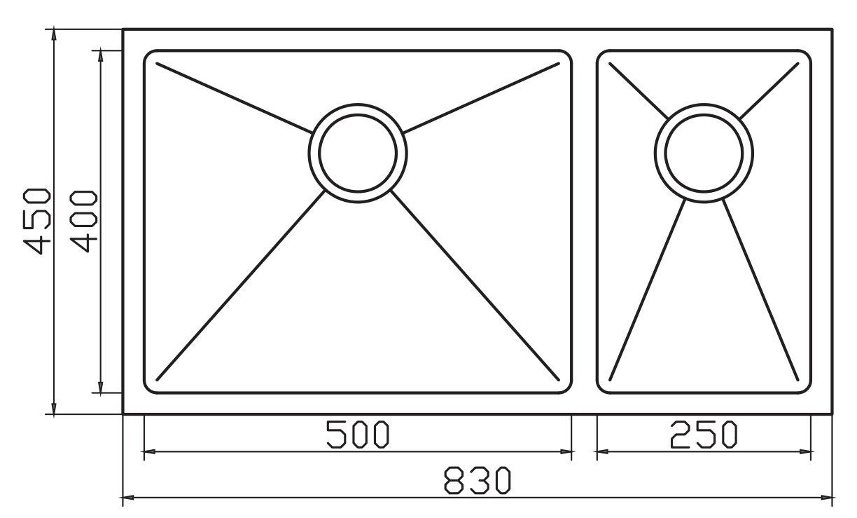 Handmade Stainless Steel Sink – 2 Bowls, 830 × 450 mm