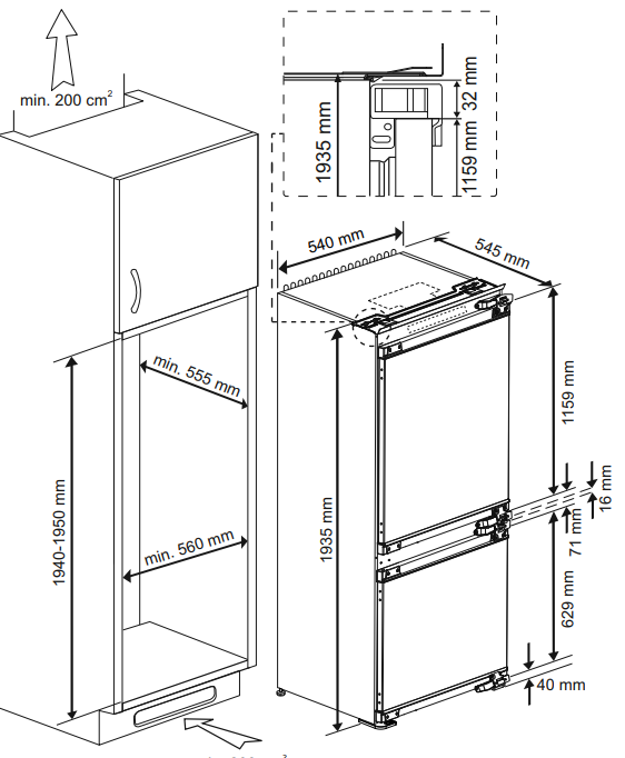 Grundig Built-In Fridge Freezer – 284L – No Frost – Class E