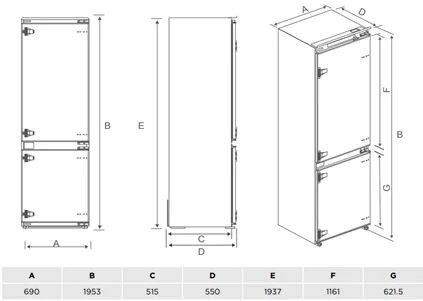 HAUSS BUILD IN COMBI FRIDGE FREEZER 195CM X 69CM