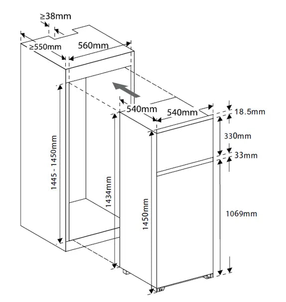 Built-In Fridge with Top Mounted Freezer – 205L – 144cm – Class F