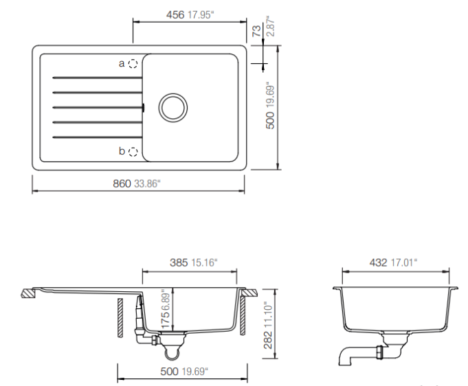 1 Bowl Sink with Drainer – 860 × 500 mm, Granitek (Available in Black & White)