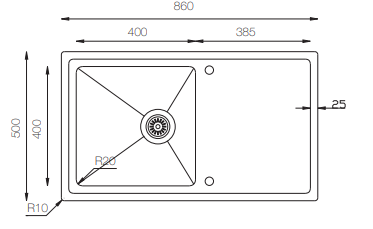 Stainless Steel Sink – 1 Bowl 1 Drainer, 860 × 500 mm