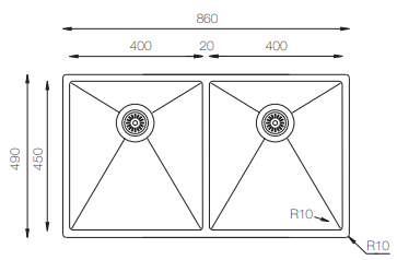 2 Bowl Sink – 860 × 490 mm, Stainless Steel (Square Bowls)