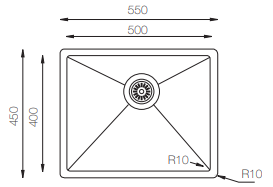 Stainless Steel Sink – 1 Square Bowl, 550 × 450 mm