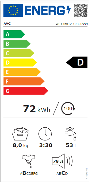 AVG Washing Machine – 8kg, 1400rpm, Variable Heater