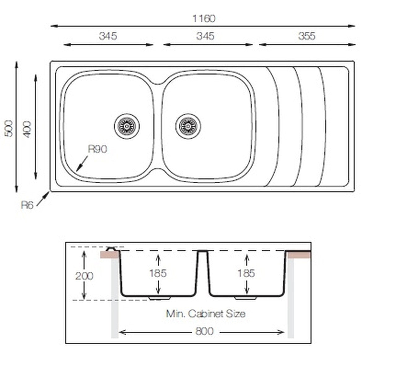 Stainless Steel Sink – 2 Bowls 1 Drainer, 116 × 50 cm