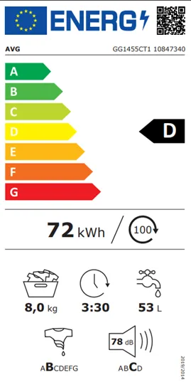 AVG Washing Machine – 8kg, 1400rpm, Variable Heater