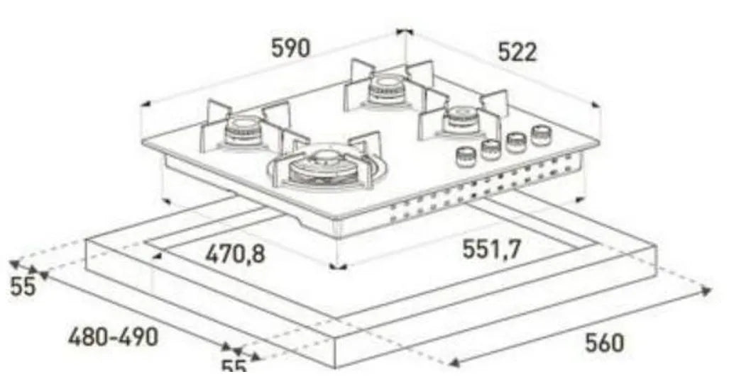 4 Gas Burner Hob – Black Glass – Wok Burner