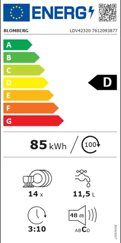 BLOMBERG BUILD IN DISHWASHER 60CM CLASS D