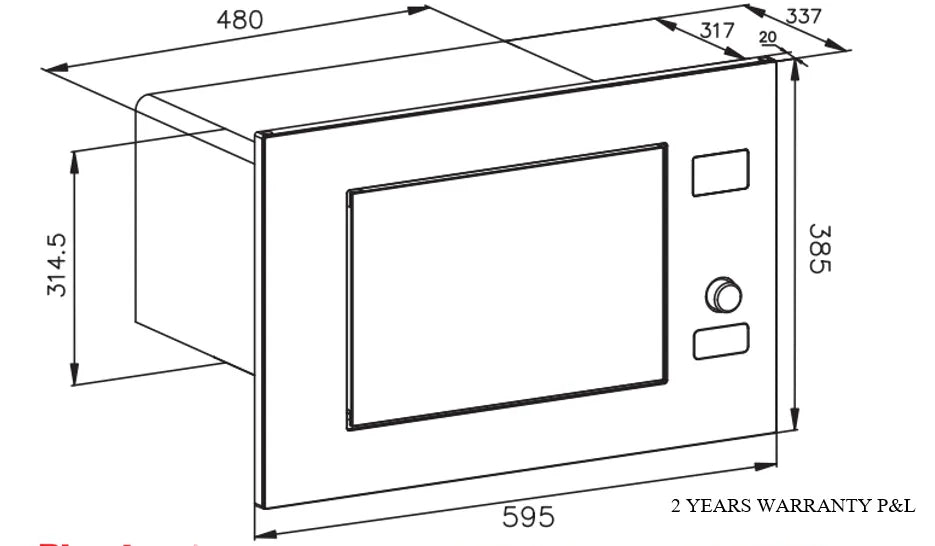Built-In Microwave with Grill – 20 Litres, Black Glass